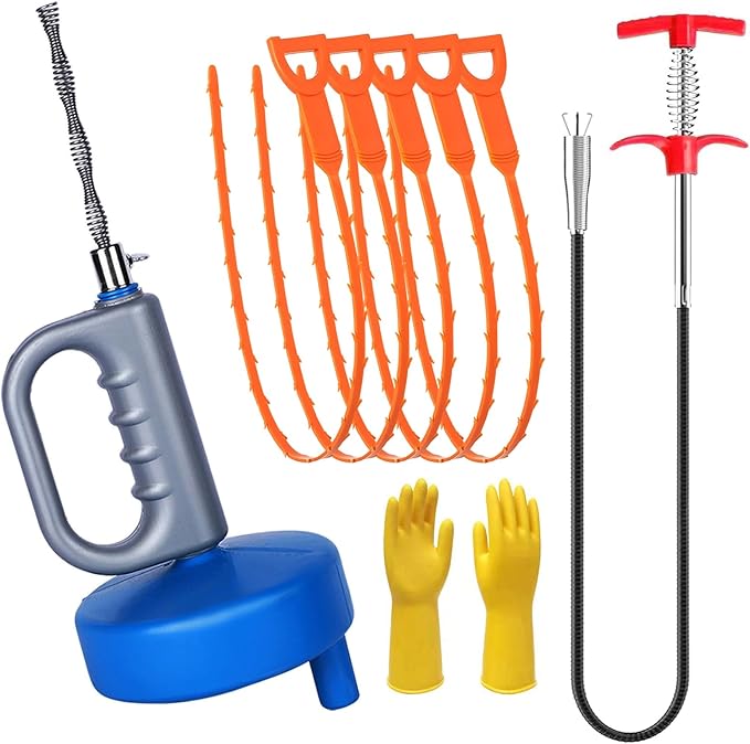 Drain Clog Remover (5pcs)＆Drain Auger 32 FT (1pcs)＆Drain Snake Hair Remover (1pcs),Toilet Plumbing Snake Set for Toilet Sewer Shower Kitchen Bathroom Tub Clogged Drains Opener Cleaning Tool
