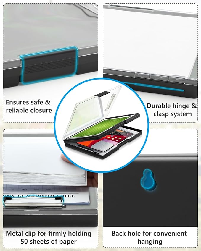 Clearview Clipboard with 2 Storage, Dry Erase 8.5x11 Heavy Duty ClipBoards - High Capacity Coaches Clip Board with Pen Holder - Side Opening Plastic Nursing Clip Case - Black