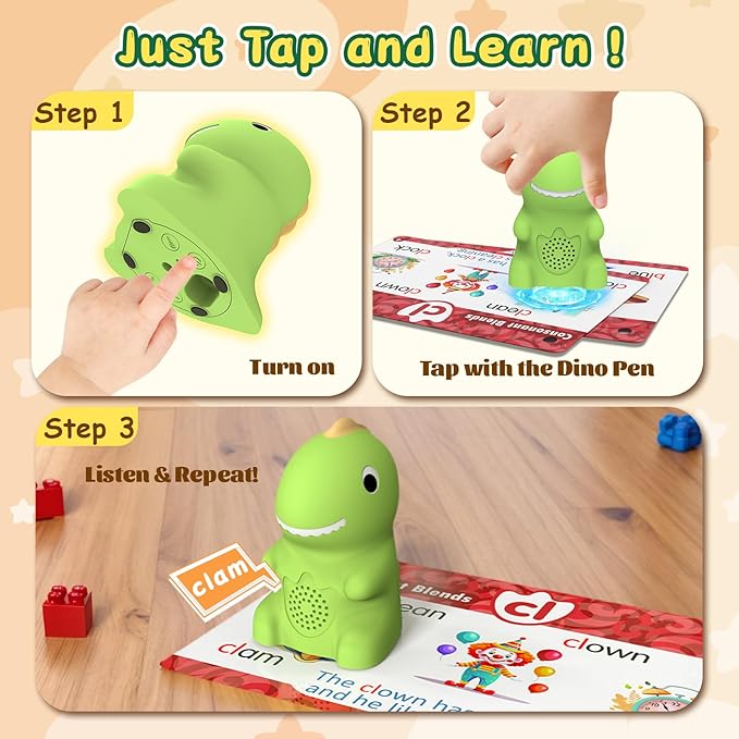 HOMESTEC Phonics Flash Cards with Talking Dino Reader Pen, Learn to Read for Kids Ages 3-6, Early Learning Educational Toy for Kindergarten, Homeschool & Speech Therapy