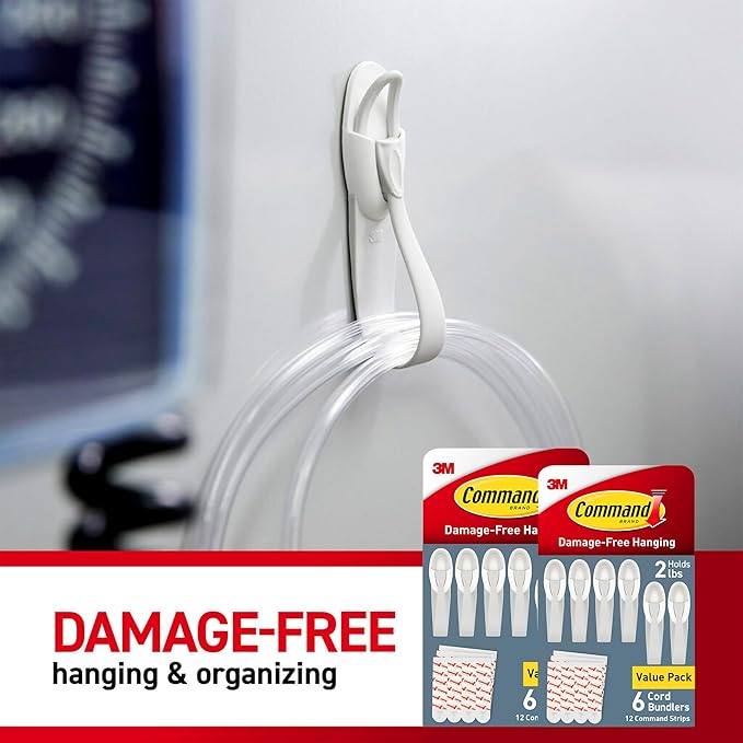 Command Cord Bundlers, Damage-Free Hanging Cord Organizer, No Tools Required for Hanging Electrical Cables, 12 Gray Bundlers and 24 Command Strips