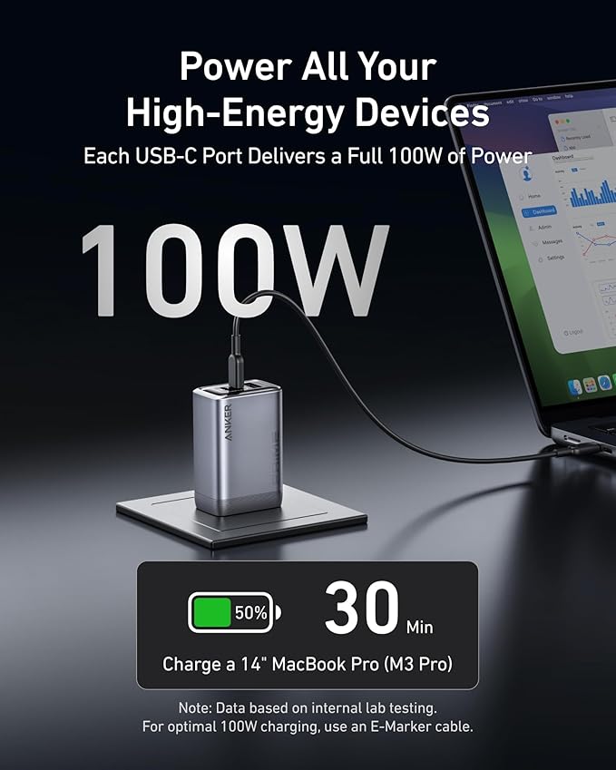 Anker Prime Charger, 100W 3-Port GaN USB C Charger Block, Foldable and Compact for MacBook, iPad, iPhone 17 Series, Galaxy S24/S23, and More