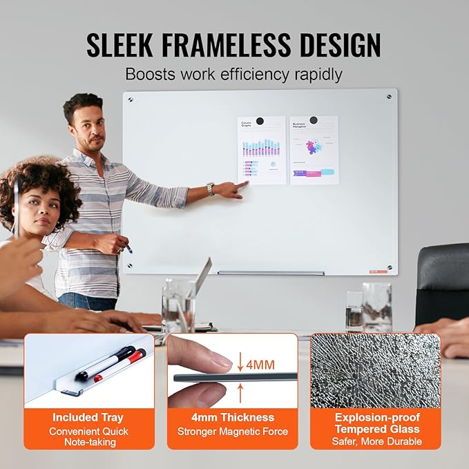 VEVOR Magnetic Glass Writing Board, Erasable 48"x32", Frameless Wall Hanging White Glassboard, Includes Marker Holder, an Eraser, and 2 Writing Pens, White