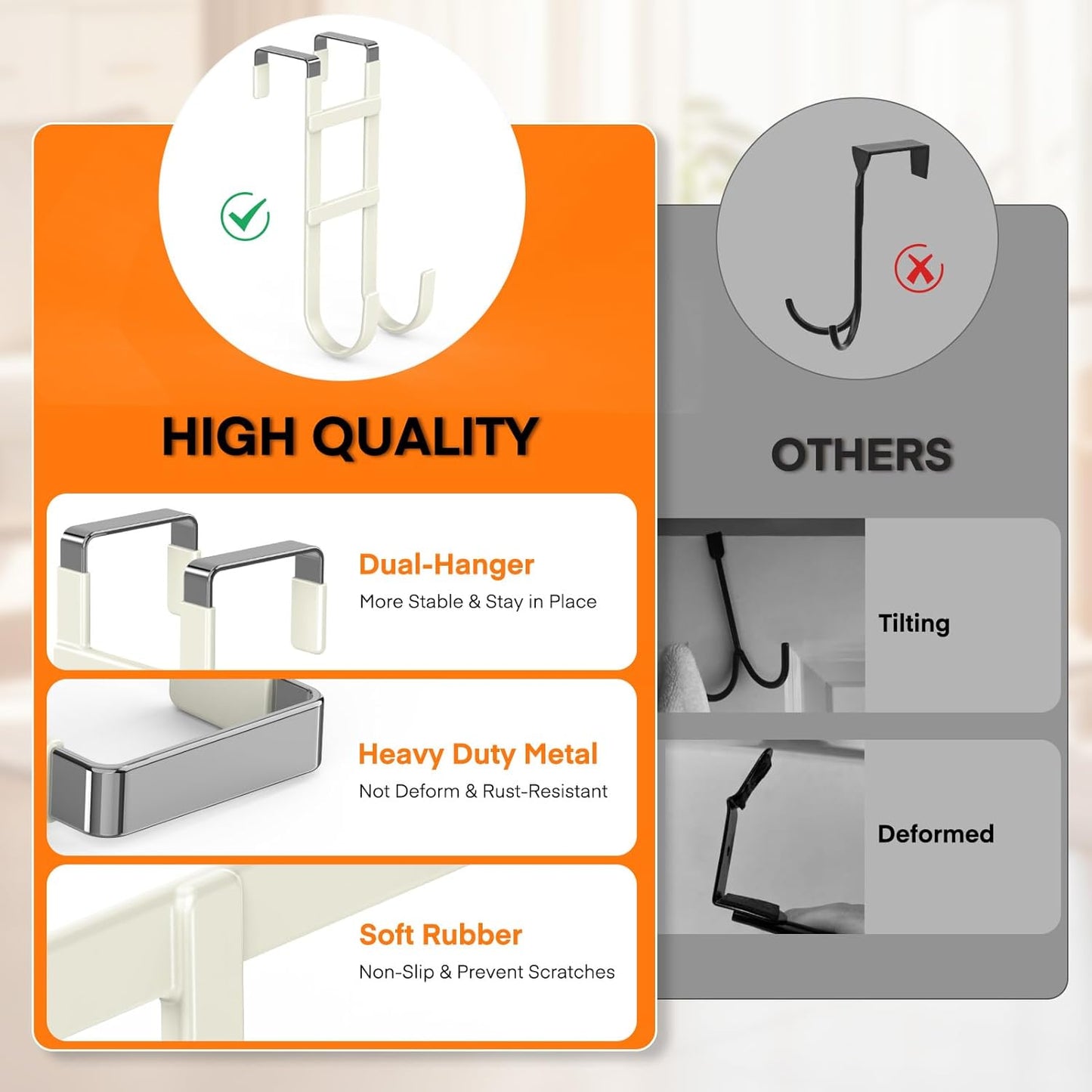 FYY Over The Door Hooks - 4 Pack Heavy Duty Dual-Hook Organizer Hanger with Non-Slip Rubber for Towels, Clothes, Hats & Bags Use in Bathroom, Bedroom, Kitchen - Fits Interior Doors Up to 1.6" Beige