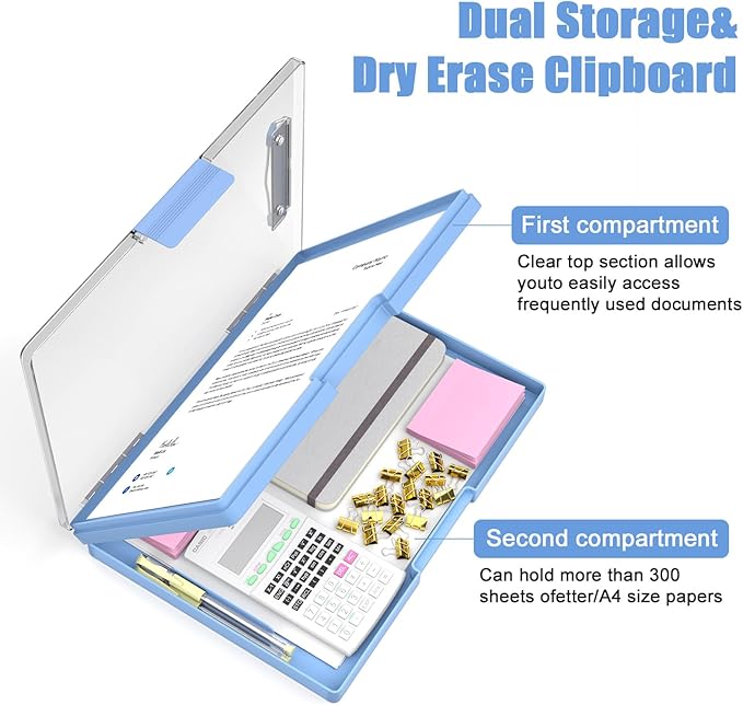 Hongri Clipboard with Storage, Blue 8.5 x 11 Folder Nursing Side Opening, Heavy Duty with Dual Compartment, Smooth Writing for Teachers, Classroom, Size 13.3 x 9.4 x 1.5 in, Office & School Supplies
