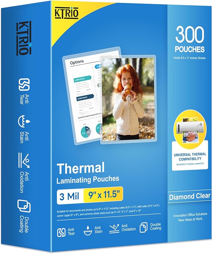 KTRIO 300 Pack Laminating Sheets, Hold 8.5 x 11 Inches, 3 Mil Thermal Laminating Pouches, 9 x 11.5 Laminate Sheets for Laminator, Clear Lamination Sheet Paper, Letter Size, Office School Home Supplies