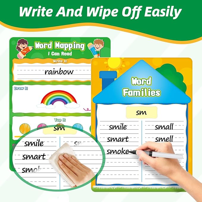 12 Packs Word Families Read and Rhyme Phonemic Awareness Dry Erase Board, Speech Therapy Phonics Games Flash Cards, Elkonin Boxes Science of Reading Spelling Manipulatives Classroom Must Have
