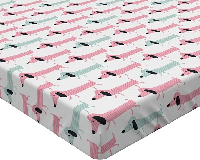 Ambesonne Dachshund Fitted Sheet, Pattern with Funny Cartoon Sausage Dogs, Bed Cover with All-Round Elastic Deep Pocket for Comfort, Queen Size, Seafoam Pink