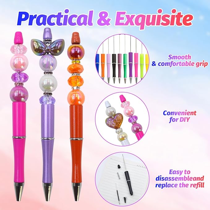 300 Pieces DIY Beadable Pen Kit – 100 Plastic Ballpoint Pens with Refills & Bags – School Supplies, Office Accessories & Decorative Items for Students & Teachers (Multicolor)