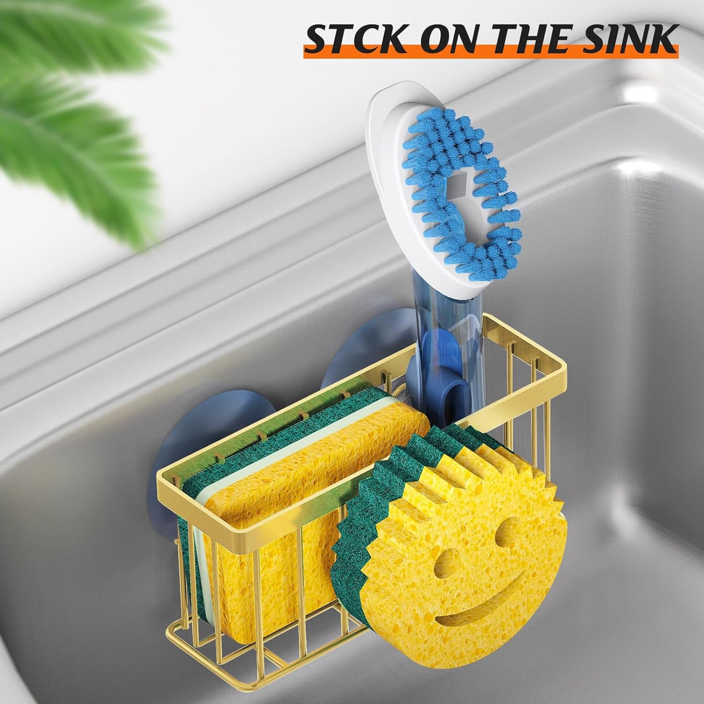Sponge Holder Smiley Face,Sink Caddy,Sink Organizer with 2 Suction Cups/1 Adhesive Strips,Designed for Sponge,Soap,Dish Brush,Scrubber-Gold