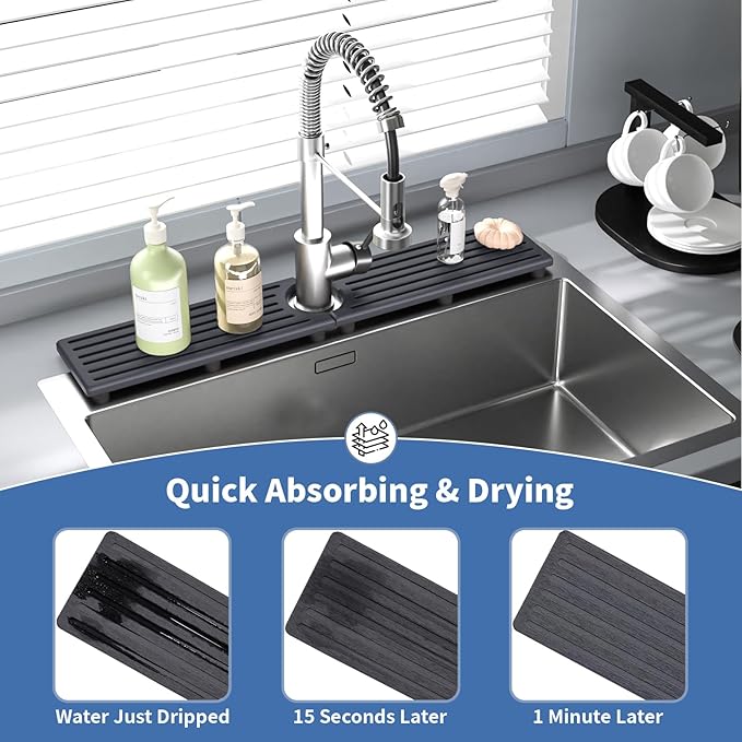 Faucet Mat for Kitchen Sink, Water Absorbent Kitchen Faucet Mat, Durable Sink Splash Guard with Raised Feet, Diatomite Fast Drying Kitchen Sink Faucet Mat, Stone Drying Tray for Bathroom Counter