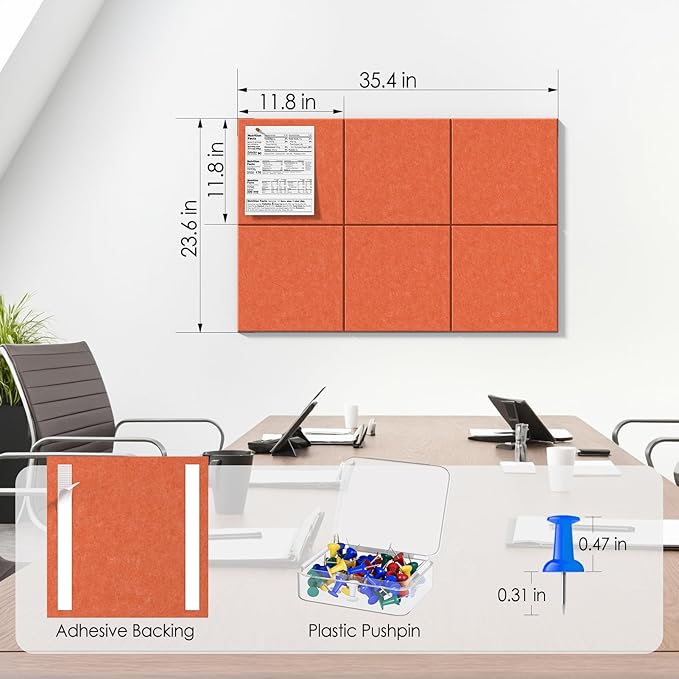 MaxGear Large Cork Board for Wall 36" x 24", Orange Bulletin Board, 6 Pack Felt Wall Tiles with Pushpins, Cork Boards for Office Push Pin Board Tack Board Felt Board