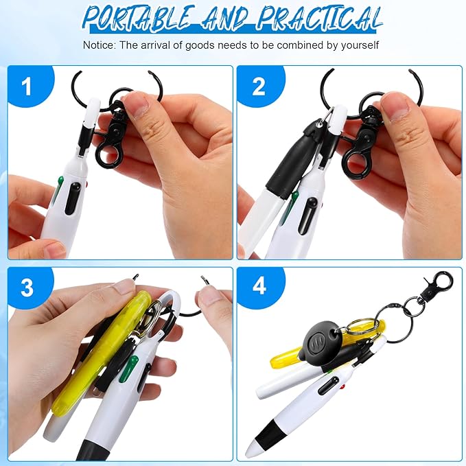 Chinco 30 Pcs Retractable Shuttle Pen Clip with Mini Highlighter Nurse Badge Pen Neon Marker LED Keychain Ring Clip