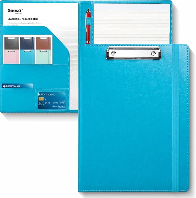 Sooez Padfolio Clipboard, Portfolio Organizer with Notepad, Premium PU Leather Clipboard Folder for Legal Pad, Versatile Clipfolio with Storage, Letter Size Document Holder for School Office, Sky Blue