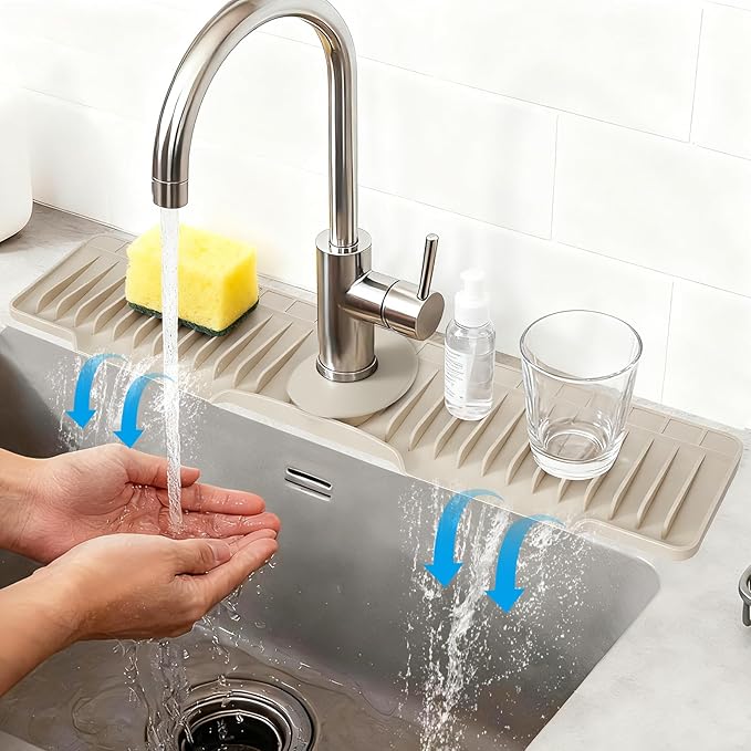 16" Silicone Faucet Mat for Kitchen Sink Released in 2025/12TH,8° Slope Fast Self-draining-Kitchen Sink Splash Guard,Bathroom Kitchen Sink Area Water Splash Guard Behind Faucet Draining Mat Beige