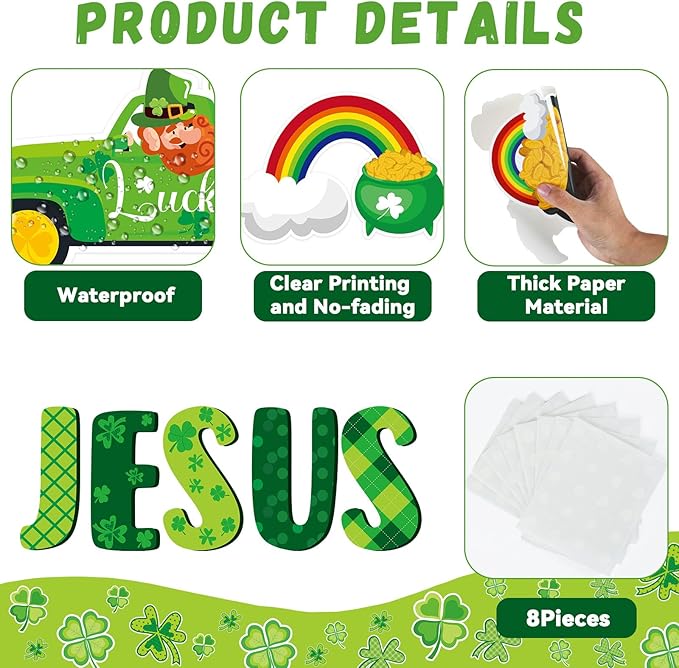 gisgfim St. Patrick's Day Jesus Bulletin Board Decorations Jesus is Our Rock Bulletin Board Set Happy St.Patrick Luck Shamrock Clover Cutouts Borders Decor for Irish Classroom Home Wall(St. Patrick's)