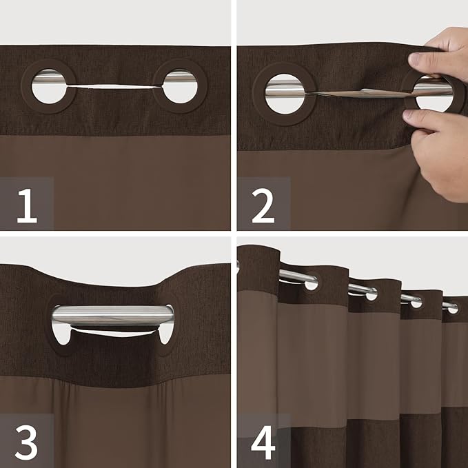 Long No Hooks Needed Linen Textured Shower Curtain with Snap-in Fabric Liner Set,Hotel Luxury Decor Shower Curtains for Bathroom,Waterproof & Washable,71Wx80H,Brown