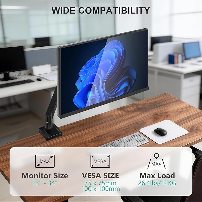 WALI Single Monitor Mount for 13-34 inch Screens, Adjustable Gas Spring Single Monitors Arm, Regular Screen up to 32 inch, 26.4lbs, Computer Monitor Stand for Desk, VESA 75/100mm (GSMP001N), Black