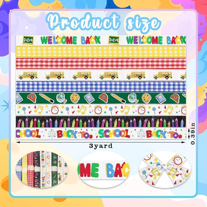 9 Rolls 27 Yards Back to School Grosgrain Ribbons - Red, Blue, Yellow Plaid - 3/8" Gift Wrapping Ribbons for Teacher, Kindergarten Party Supply