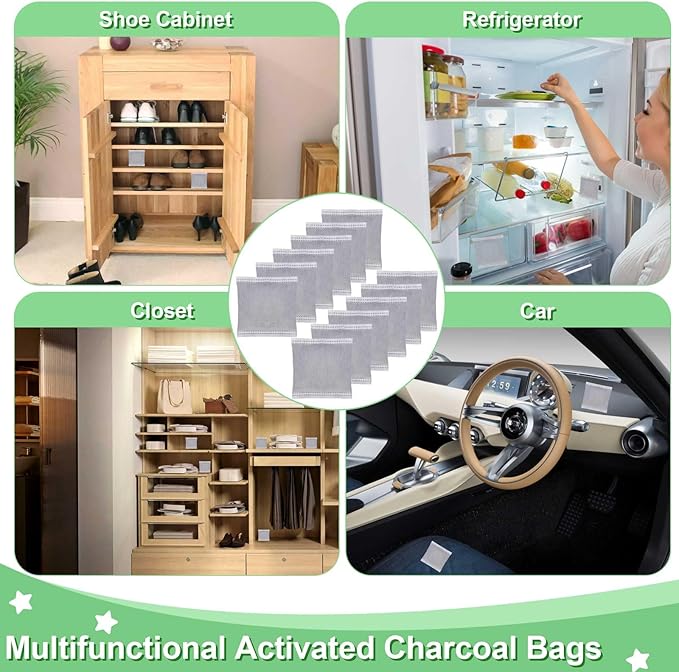 12PCS Charcoal Odor Absorber, Household Activated Charcoal Odor Absorber, Bamboo Charcoal Air Purifying Bag, Shoe Deodorizer, Odor Eliminator for Trash Cans, Refrigerators, Pets, Cars