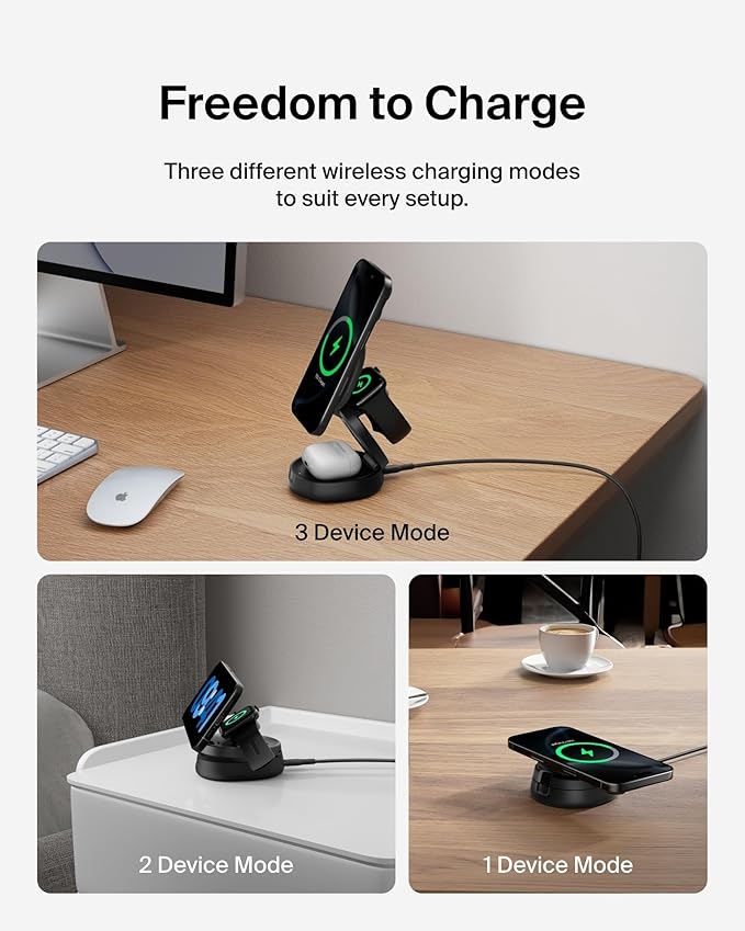 Belkin MagSafe Charger Compatible, 3-in-1 Qi2 15W Wireless Charging Station, Convertible Wireless Charger for iPhone 17, Apple Watch, AirPods, Pixel 10, Phone Stand for Travel w/ 36W Adapter - Black