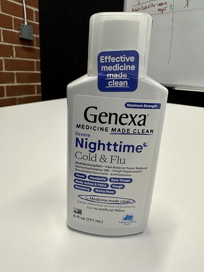 Genexa Clean Day + Night Cold & Flu Relief, Max Strength, Dye Free, 0% Artificial Additives, Acetaminophen Fever Reducer, Cough Suppressant, Antihistamine, Organic Blueberry Flavor, 12 fl oz (2 Pack)