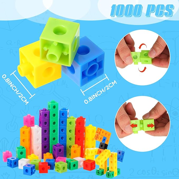 Jenaai 1000 Pieces Linking Counting Cubes, Plastic Counting Blocks, Colorful Math Cubes, Math Manipulatives Classroom Learning Supplies for Preschool Activities Boys Girls(Classic Style)