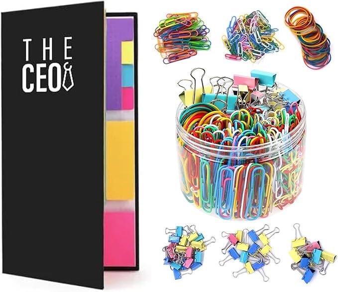THE CEO Sticky Notes Tabs with Paper Clips- 410 Sticky Notes & Office Paper Clips for Easy Organization- Includes 240 Colorful Papers Clips for School & Desk A Fun & Functional Gift for Office Workers
