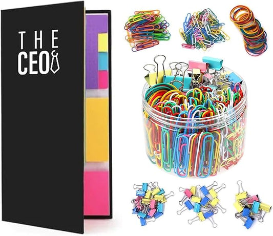THE CEO Sticky Notes Tabs with Paper Clips- 410 Sticky Notes & Office Paper Clips for Easy Organization- Includes 240 Colorful Papers Clips for School & Desk A Fun & Functional Gift for Office Workers