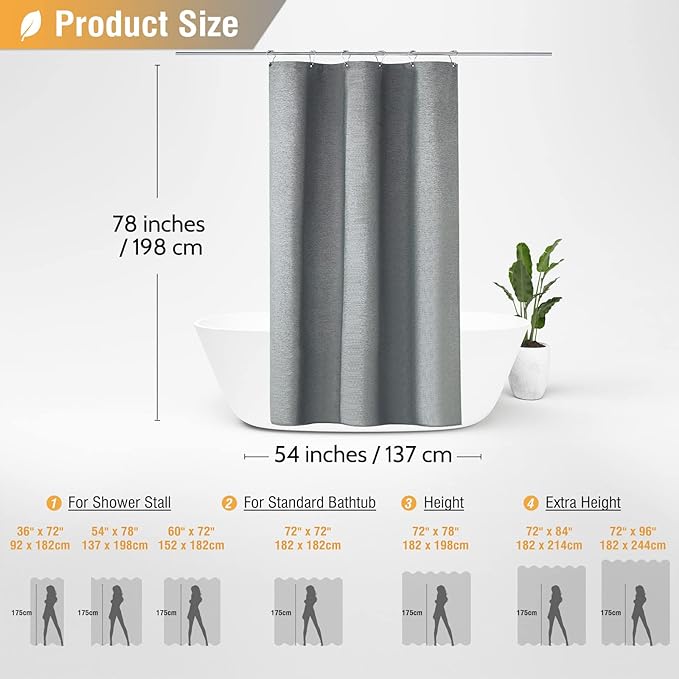 BTTN Stall Fabric Shower Curtain, 54x78 Inch Long Linen Textured Heavy Duty Small Cloth Shower Curtain Set with 10 Plastic Hooks, Narrow Hotel Spa Luxury Weighted Bath Curtains for Bathroom, Gray/Grey
