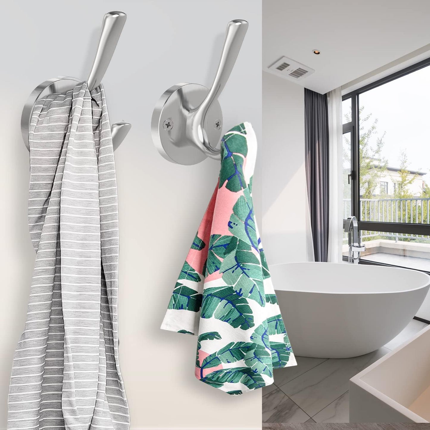 Brushed Nickel Robe Hooks Towel Hooks, 3 Pack Coat Hook Heavy Duty Mudroom Hook Double Bathrobe Hook Wall Mounted, Hat Hooks for Entryway Bathroom Kitchen Closet