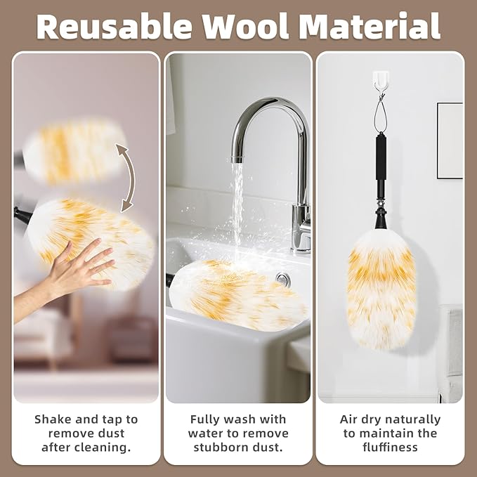 Extendable Lambswool Duster with 23-47 inch Rotatable Aluminium Alloy Pole, Natural Fluffy Reusable Wool Duster for Cleaning High Ceilings, Pendant Lamps, Blinds, Furniture and Roof