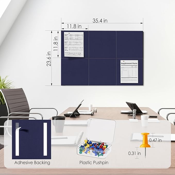 MaxGear Large Cork Board for Wall 36" x 24", Dark Blue Bulletin Board, 6 Pack Felt Wall Tiles with Pushpins, Cork Boards for Office Pin Board Tack Board Cork Boards