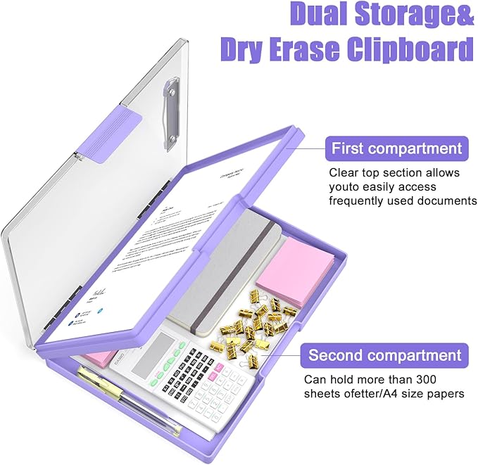 Hongri Clipboard with Storage, Purple 8.5 x 11 Folder Nursing Side Opening, Heavy Duty with Dual Compartment, Smooth Writing for Teachers, Classroom, Size 13.3 x 9.4 x 1.5 in, Office & School Supplies