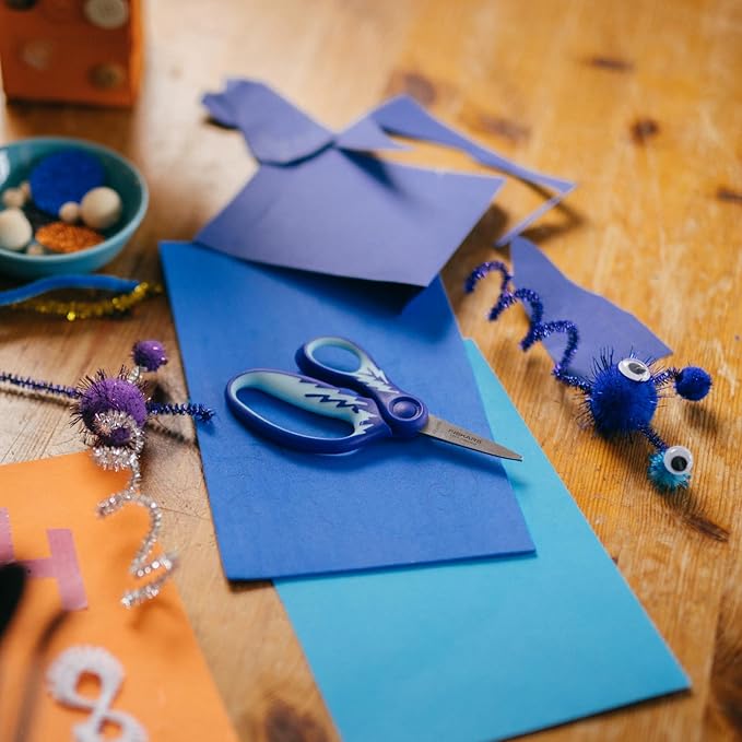 Fiskars 5" Softgrip Left-Handed Pointed-Tip Scissors for Kids Ages 4-7, Left-Handed Scissors for School or Crafting, Back to School Supplies, Blue Lightning