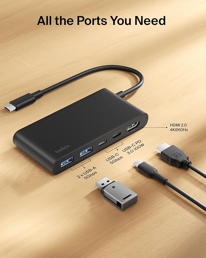 Belkin USB C Hub, 5-Port Hub w/ 4K HDMI Display @ 60Hz, 100W Power Delivery, Fast Data Transfer 5Gbps, USB C Multiport Adapter for MacBook, iPad Pro, Chromebook, & More - Upgraded HDMI 2.0