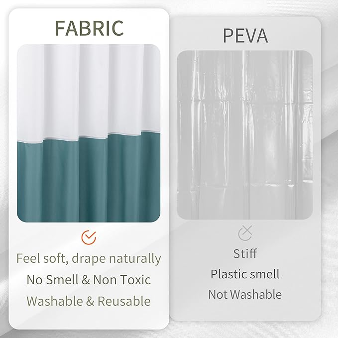 ALYVIA SPRING Waterproof Fabric Shower Curtain Liner - Soft & Light-Weight Cloth Shower Liner, 3 Bottom Magnets, Hotel Quality & Machine Washable - Standard Size 72x72, White and Teal
