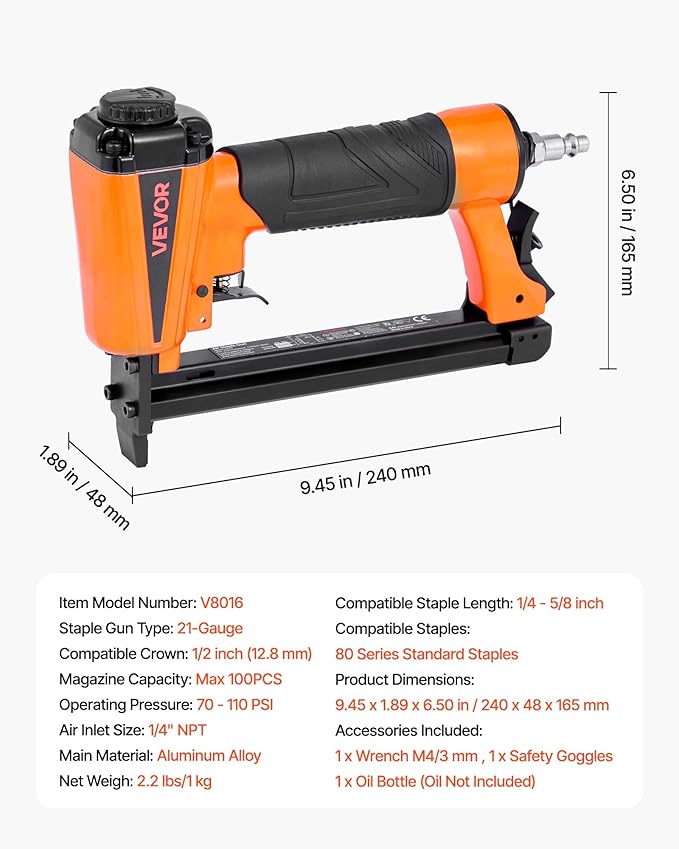 VEVOR Pneumatic Staple Gun, 21 Gauge Pneumatic Upholstery Stapler for 80 Series 1/2-inch Crown 1/4"-5/8" Length Staples, 70-110 PSI Air Staple Gun for Woodworking, Upholstering, Crafts, DIY Projects