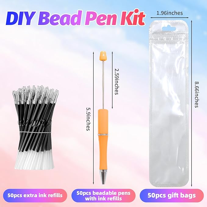 150 Pieces DIY Beadable Pen Kit – 50 Plastic Ballpoint Pens with Refills & Bags – School Supplies, Office Accessories & Decorative Items for Students & Teachers （Sweet）