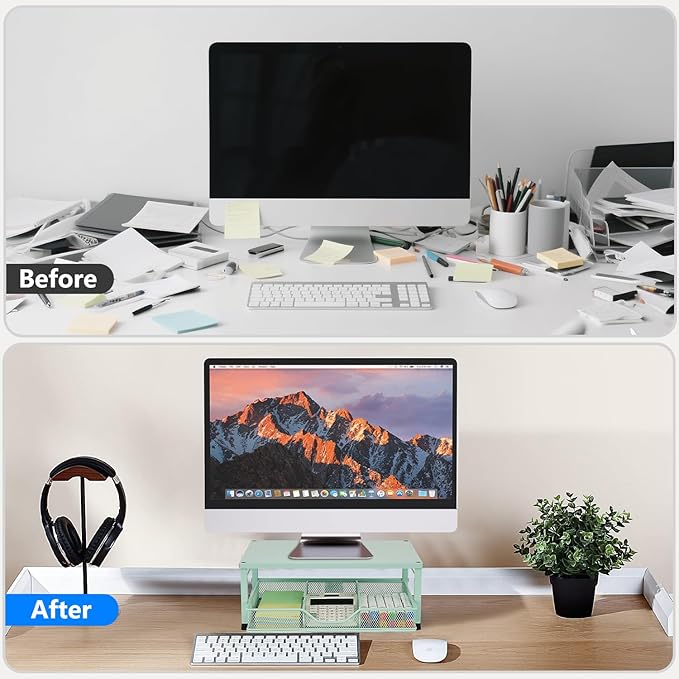 Small Laptop Stand for Desk, Monitor Stand Riser, Office Desk Accessories, Computer Desktop Stand with Drawer for Home, Office, School (Mint Green)