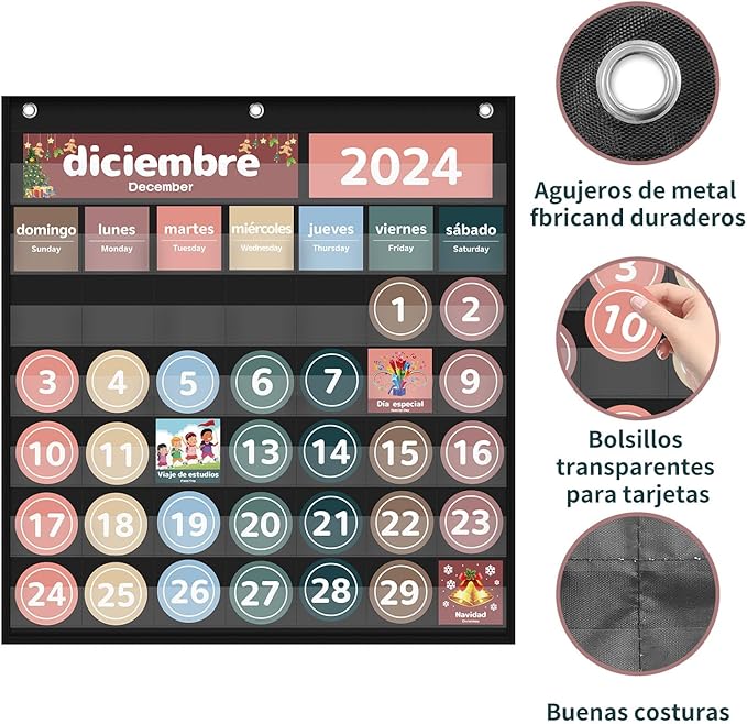 Monthly Calendar Pocket Chart for Classroom, Printed Days of The Week with Cards, Learning for Home or Kindergarten, Teacher Must Have Supplies That Fits Any School Décor (Spanish Black)