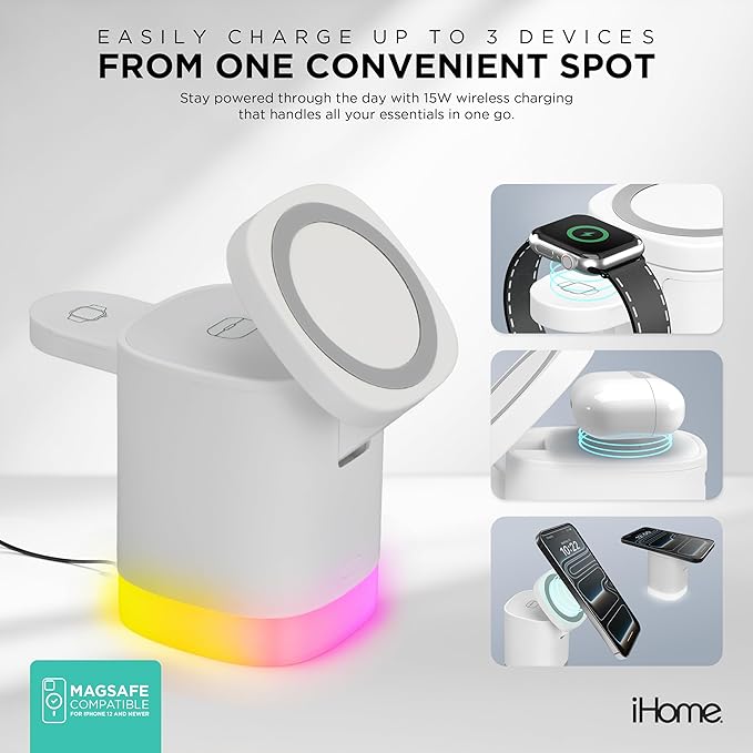 iHome 3-in-1 Wireless Charging Stand, 15W Fast Charge, LED Light, MagSafe Compatible, Foldable Design