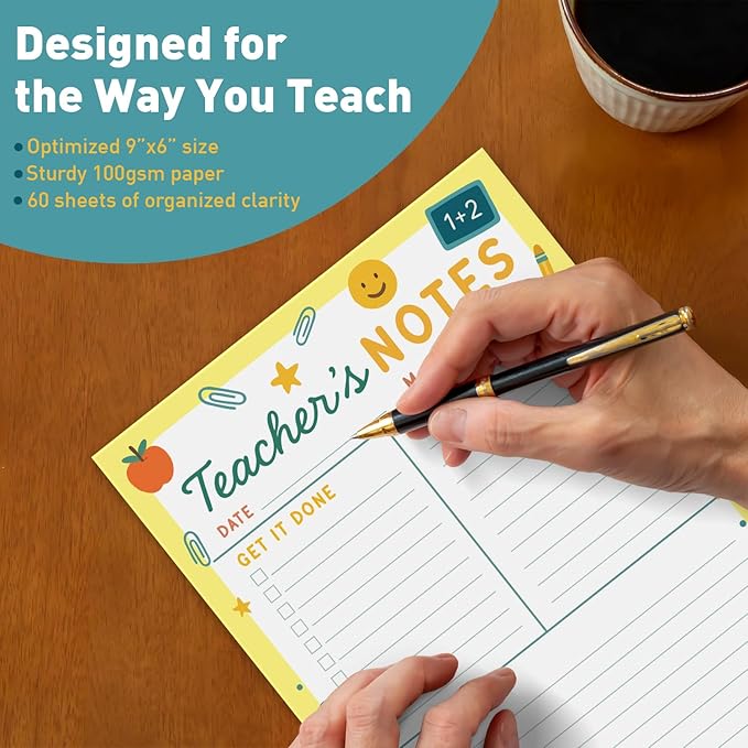 Sweetzer & Orange Teacher Planner Pad – Weekly Undated Lesson Planner for Teachers – 60 Tear-Off Sheets – 9” x 6” Compact Desk Notepad with Notes and Contact Section – Bright Yellow Border