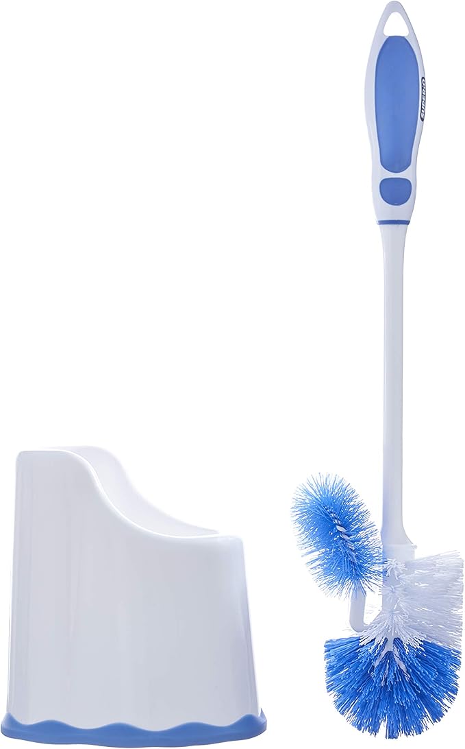 Superio Toilet Brush and Holder,Toilet Bowl Cleaning System with Scrubbing Wand, Under Rim Lip Brush and Storage Caddy for Bathroom, White and Blue
