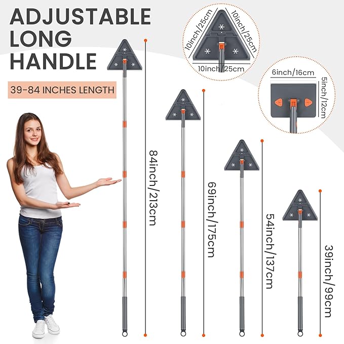 Baseboard Cleaner Tool with 84" Long Handle, 360° Wall Mop with Triangle & Rectangle Heads & 10 Reusable Pads for Baseboard, Wall, Ceiling Cleaning