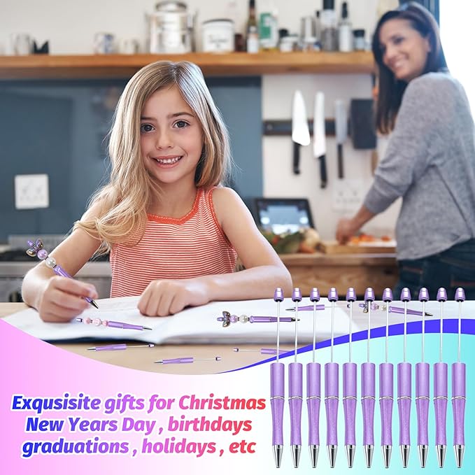150 Pieces DIY Beadable Pen Kit – 50 Plastic Ballpoint Pens with Refills & Bags – School Supplies, Office Accessories & Decorative Items for Students & Teachers (Purple)
