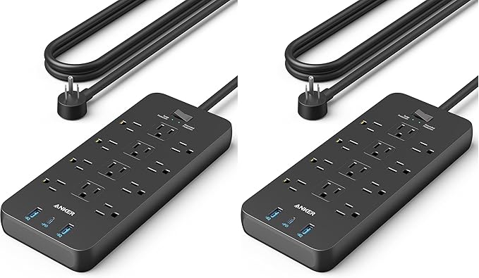 Anker Power Strip with 3 USB Ports, Surge Protector (2100J-10ft), 12 Outlets, 2 USB-A Ports and 1 USB-C Port, Works with iPhone 16/16 Plus/16 Pro/16 Pro Max, for Home, Office, TUV Listed (Pack of 2)