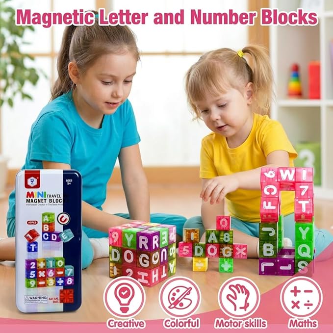 Magnetic Alphabet Blocks 40pcs - Educational STEM Learning Toys for Kids 3-8 | Portable Travel Letter Number Math Kit | Montessori Preschool Gifts Boys Girls