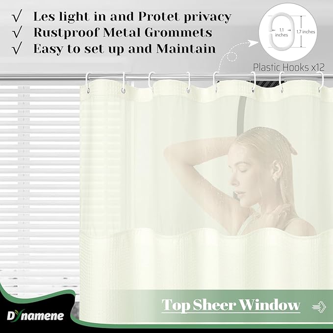 Dynamene Fabric Shower Curtain with Snap in Liner, Cream Waffle Hotel Shower Curtains for Bathroom, Washable Waterproof Cloth Shower Curtain Liner Set with Plastic Hook, Mesh Top Window, 72x72, Cream
