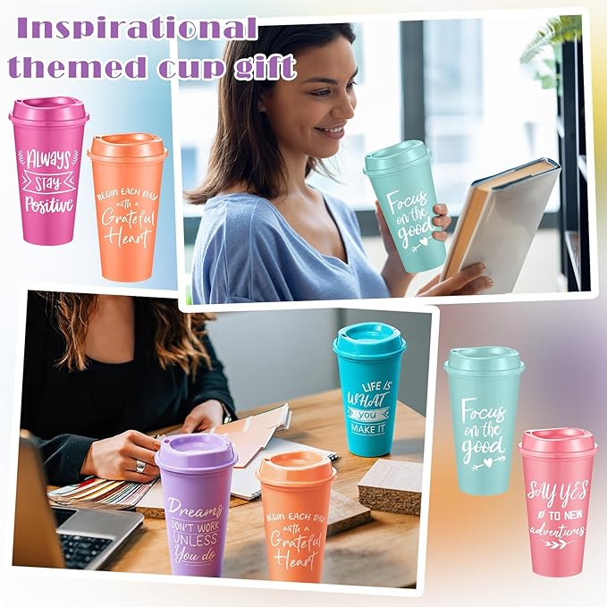 24 Pcs Inspirational Gifts for Employee Coworkers Staff Teammate, 16oz Reusable Plastic Coffee Cups with Positive Sayings, Bundle Gifts for Woman Man Coworker (Pastle Color,Inspirational)