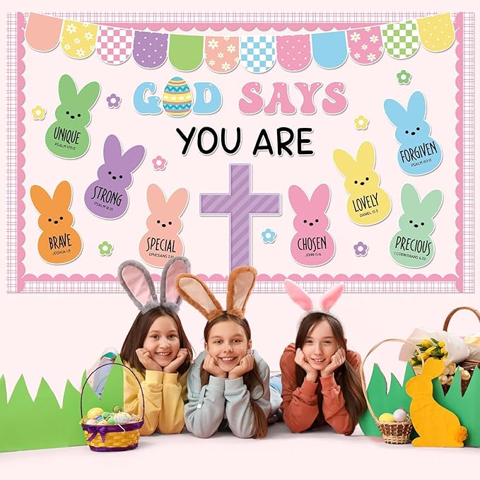 Easter Christian Bulletin Board Decorations God Says You are Religious Classroom Paper Cutouts Inspirational Cross Bunny Decor for Sunday School Church Classroom Chalkboard Wall Decor Teacher Supplies